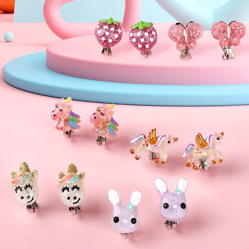 Wingchold Unicorn Clip On Earrings for Little Girls, Bling Butterfly and Strawberry Earrings, Toddler Girls Dress Up Jewelry, 6 Pairs, Best Gift-C - Image 3